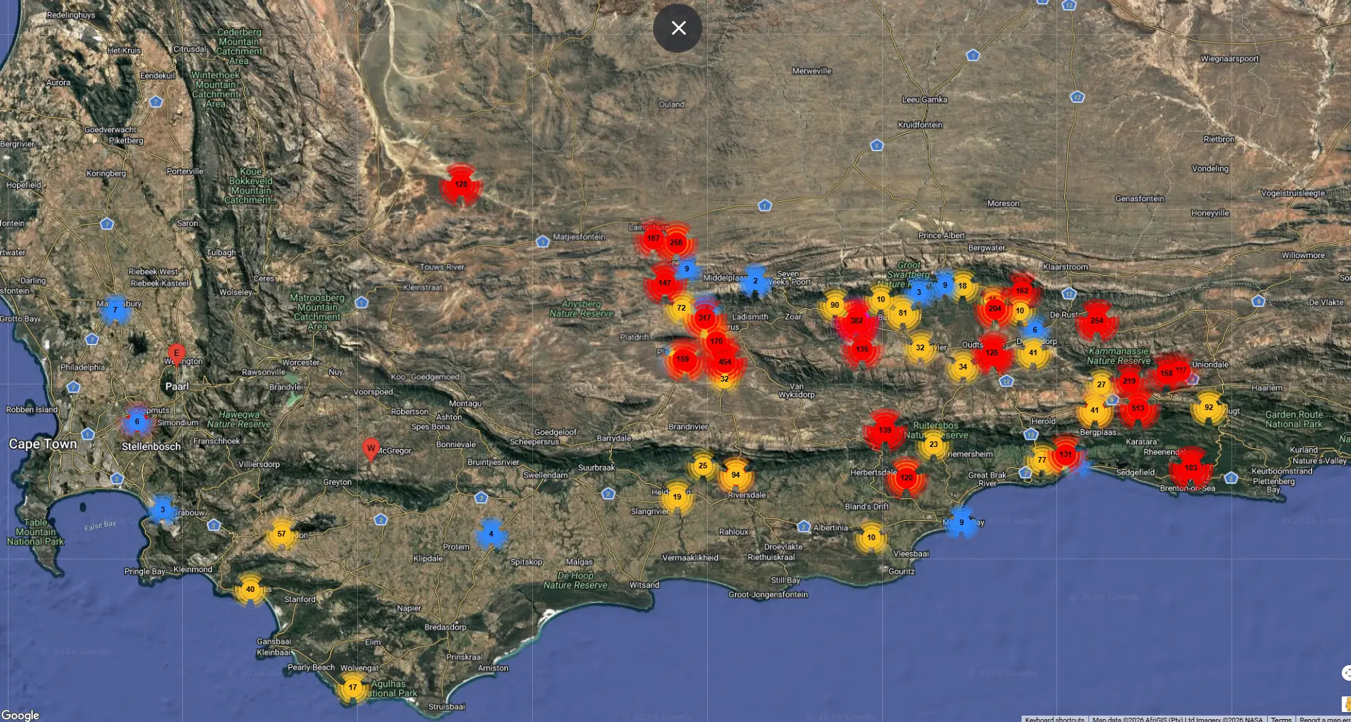 Map of Earth Drones project and monitoring sites across the Southern Cape, South Africa